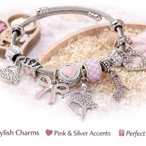 Pink & Silver Charm Bracelet | Heart, Bow & Ballet Shoe Charms | Gift-Ready |New